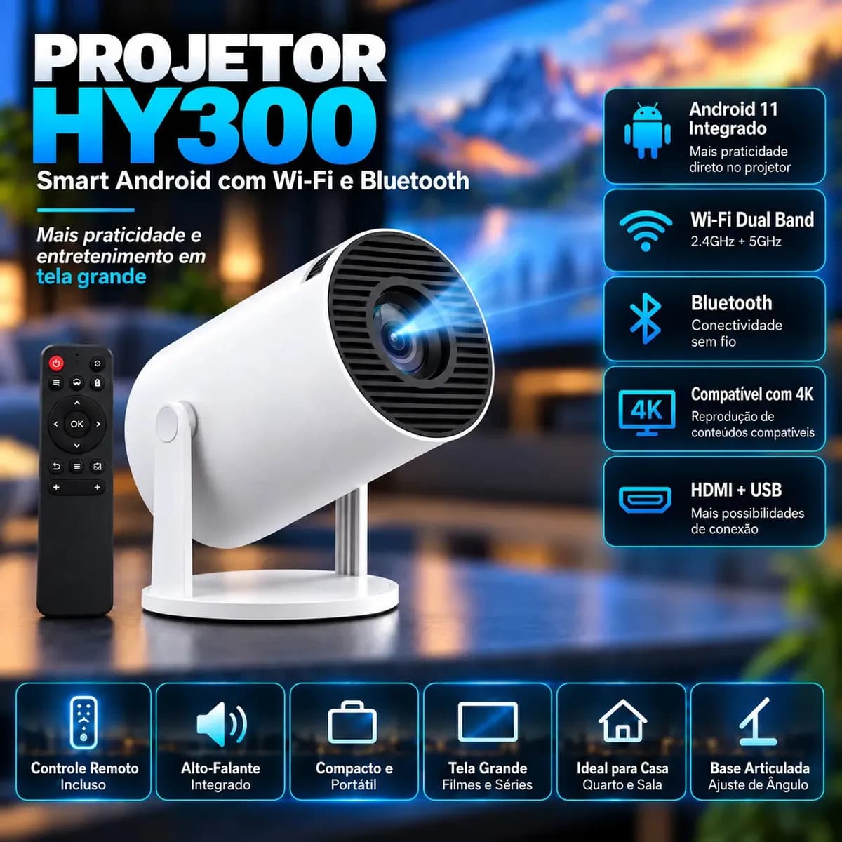 Projetor Portátil HY300 Mini 4K Compatível Android 11 Wi-Fi 5G Bluetooth Smart Portátil Rotação 180° Tela Grande para Filmes Séries Jogos Aulas e Apresentações 