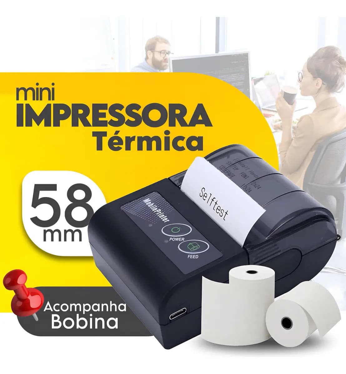 Mini Impressora Com Bobina Portátil Bluetooth Pedido Impressora Preta — imagem 3