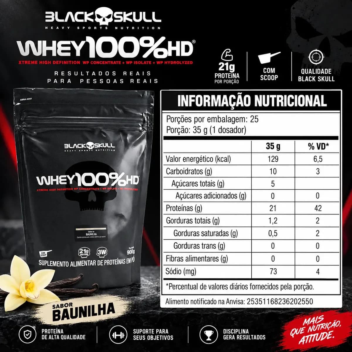 Proteína Black Skull Whey 100% HD em pó sabor Baunilha x 900g — imagem 2