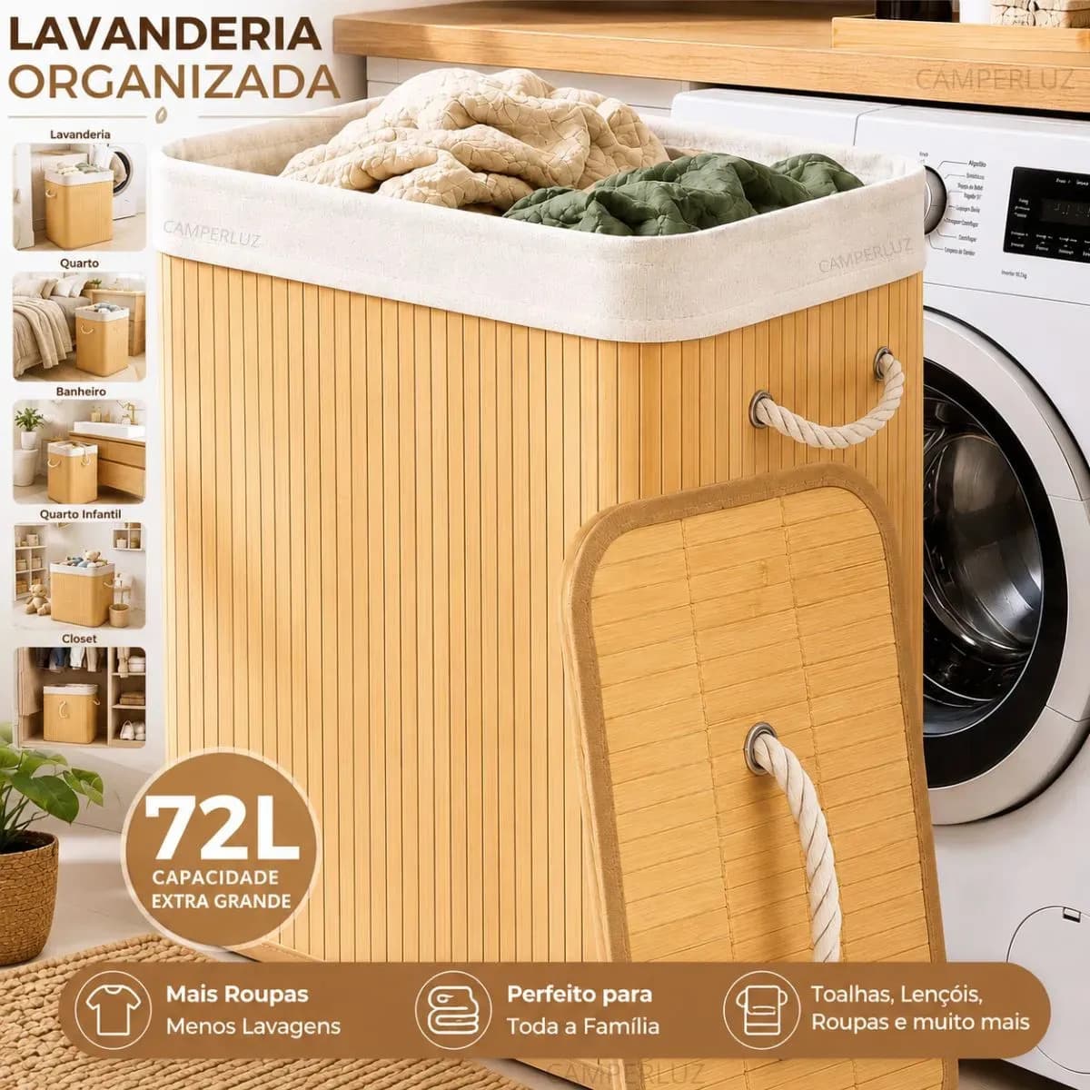 Cesto Organizador De Roupa Bambu Dobrável Retangular Com Tampa Forro e Alças 72 Litros Grande Capacidade Reforçado Caixa Organizadora para Brinquedos - Marca Ma