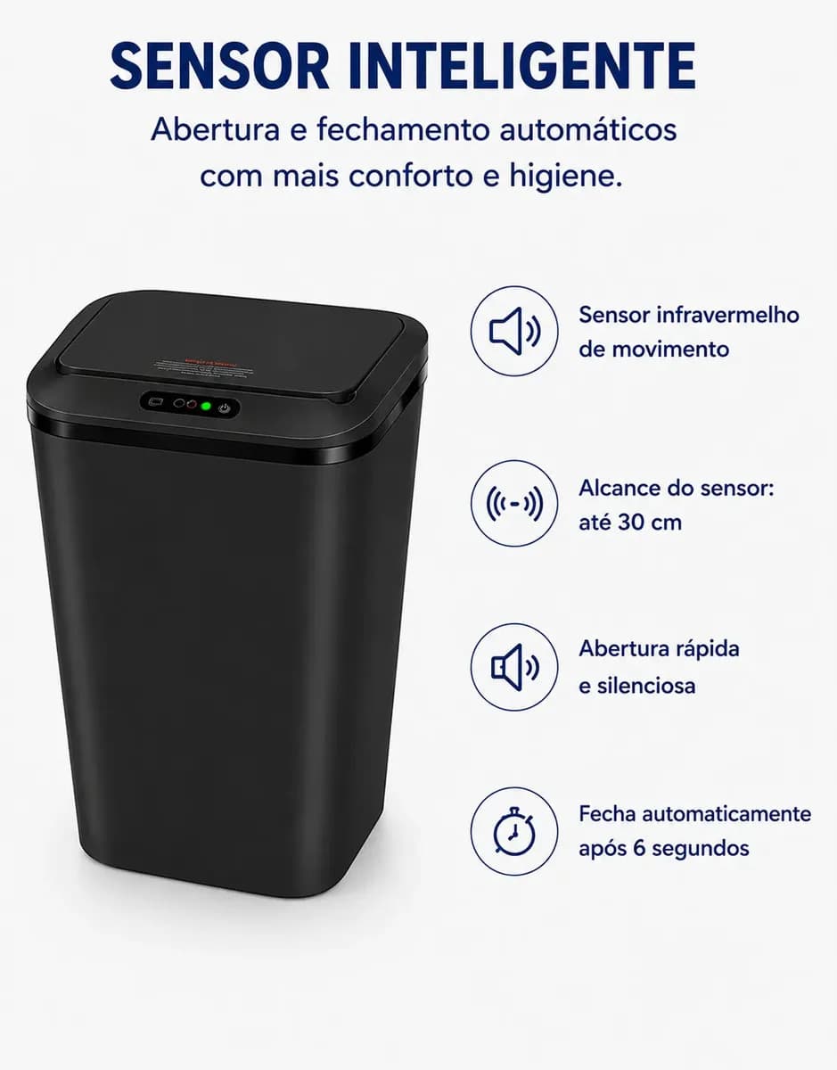 Lixeira Quadrada Preta 16L Inteligente Automática com Sensor para Banheiro e Cozinha — imagem 5