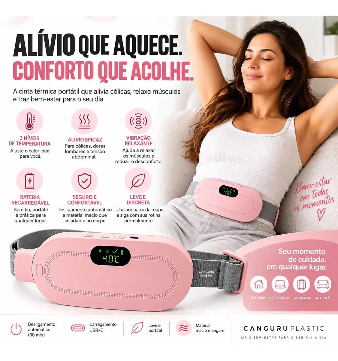 Cinta Massageadora Elétrica Para Cólica Menstrual com Aquecimento e Vibração USB — imagem 3