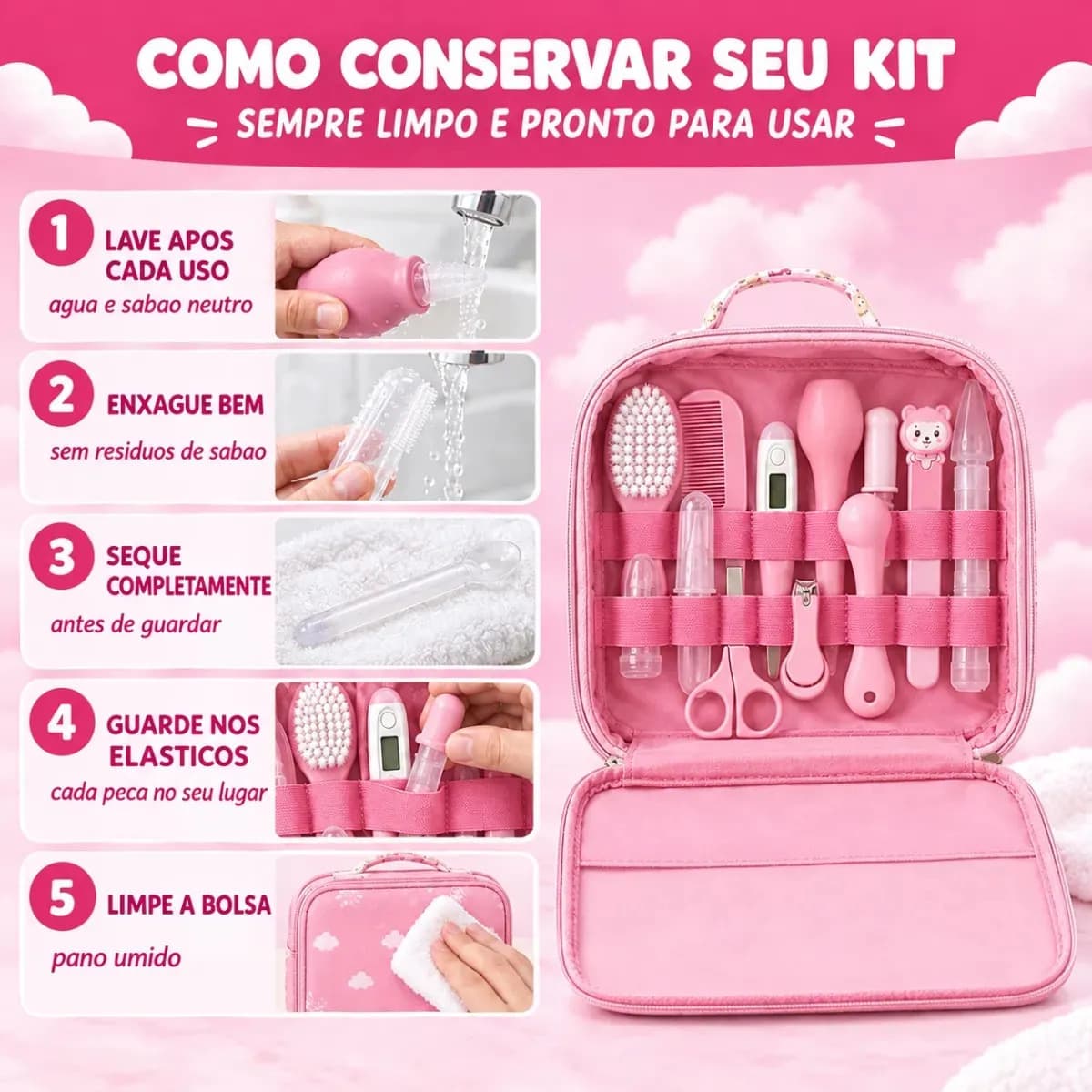 Kit Higiene Cuidados Bebê Rosa Recém Nascido Completo 13 Peças Bolsa Maternidade Termômetro Digital Aspirador Nasal Escova Pente Cortador De Unha Azul Menino Ch — imagem 5