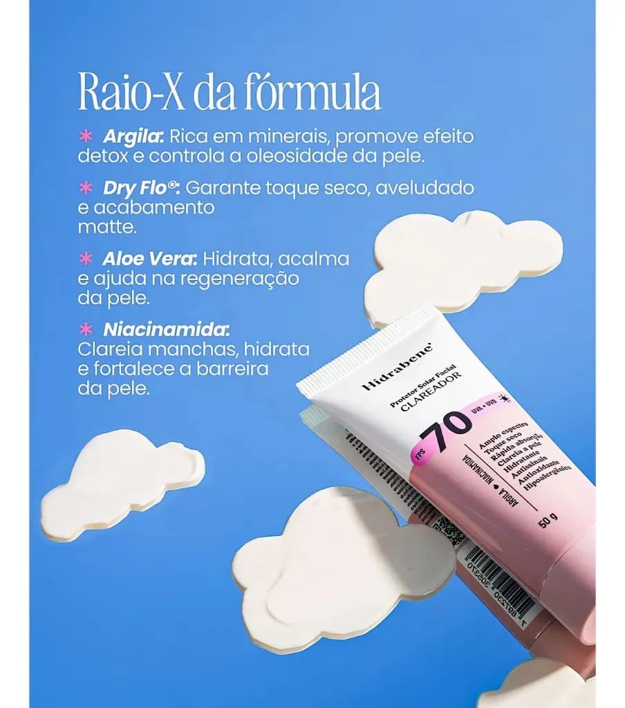 Hidrabene Protetor facial Solar FPS 70 Toque Seco Antissinais Clareia a pele 50g — imagem 3