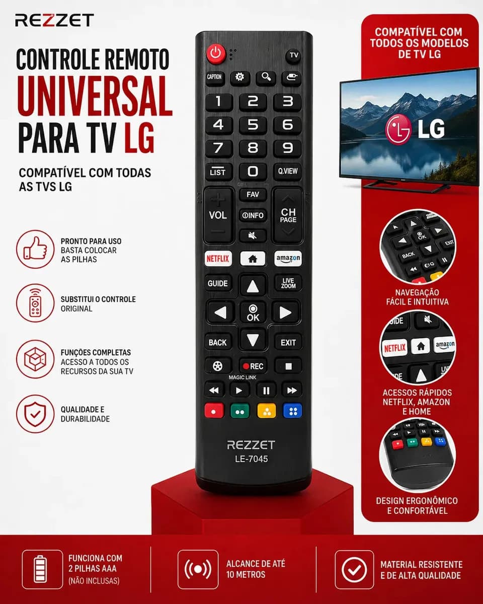 Controle Universal LG Smart TV Rezzet Compatível Com Todos os Modelos Pronto Para Uso Netlix e Prime Video