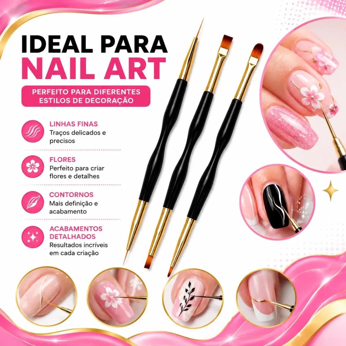 Kit 3 Pincéis 2 Pontas Unhas Gel Acrigel Decoração Nail Art Manicure Acabamento Profissional Ponta Dupla Boa Dica — imagem 5