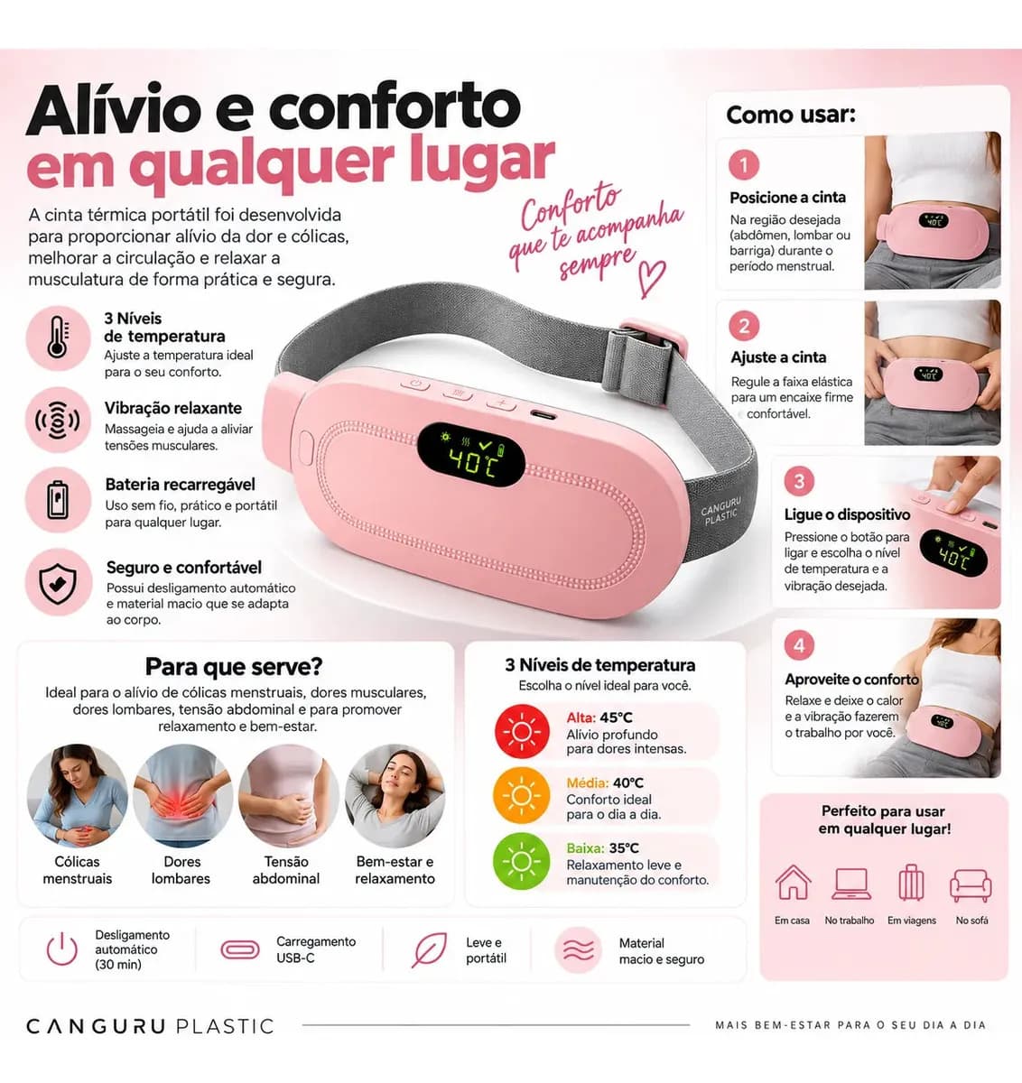 Cinta Massageadora Elétrica Para Cólica Menstrual com Aquecimento e Vibração USB — imagem 2