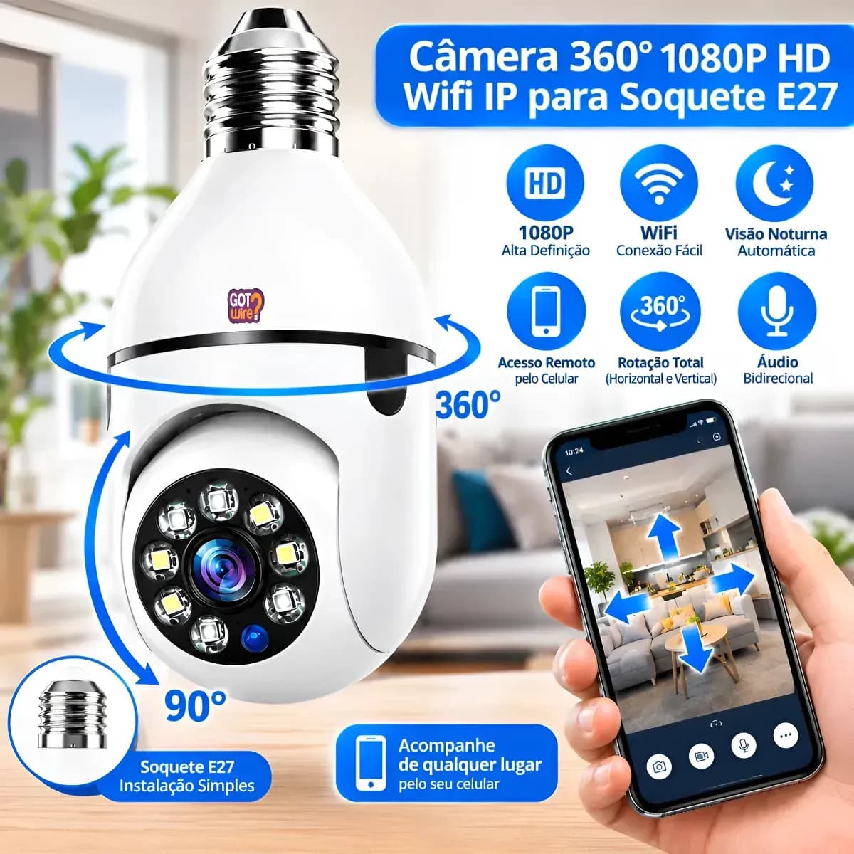Câmera Lâmpada Wifi Segurança Visão Noturna GotWire Ip44 Interno e Externo App Yoosee — imagem 4