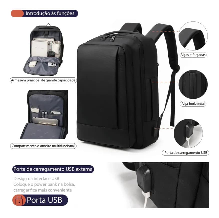 Mochila À Prova D'água Reforçada Expansível Para Viagens Diá Preto — imagem 4