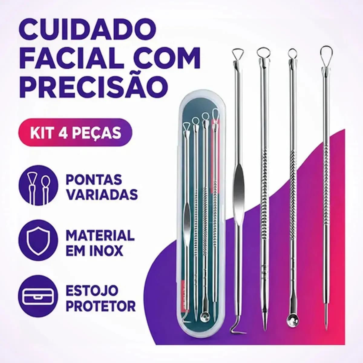 Cureta de Metal BMED para Acne Aço Inoxidável Kit 4 Extrator Espinha Cravos — imagem 2