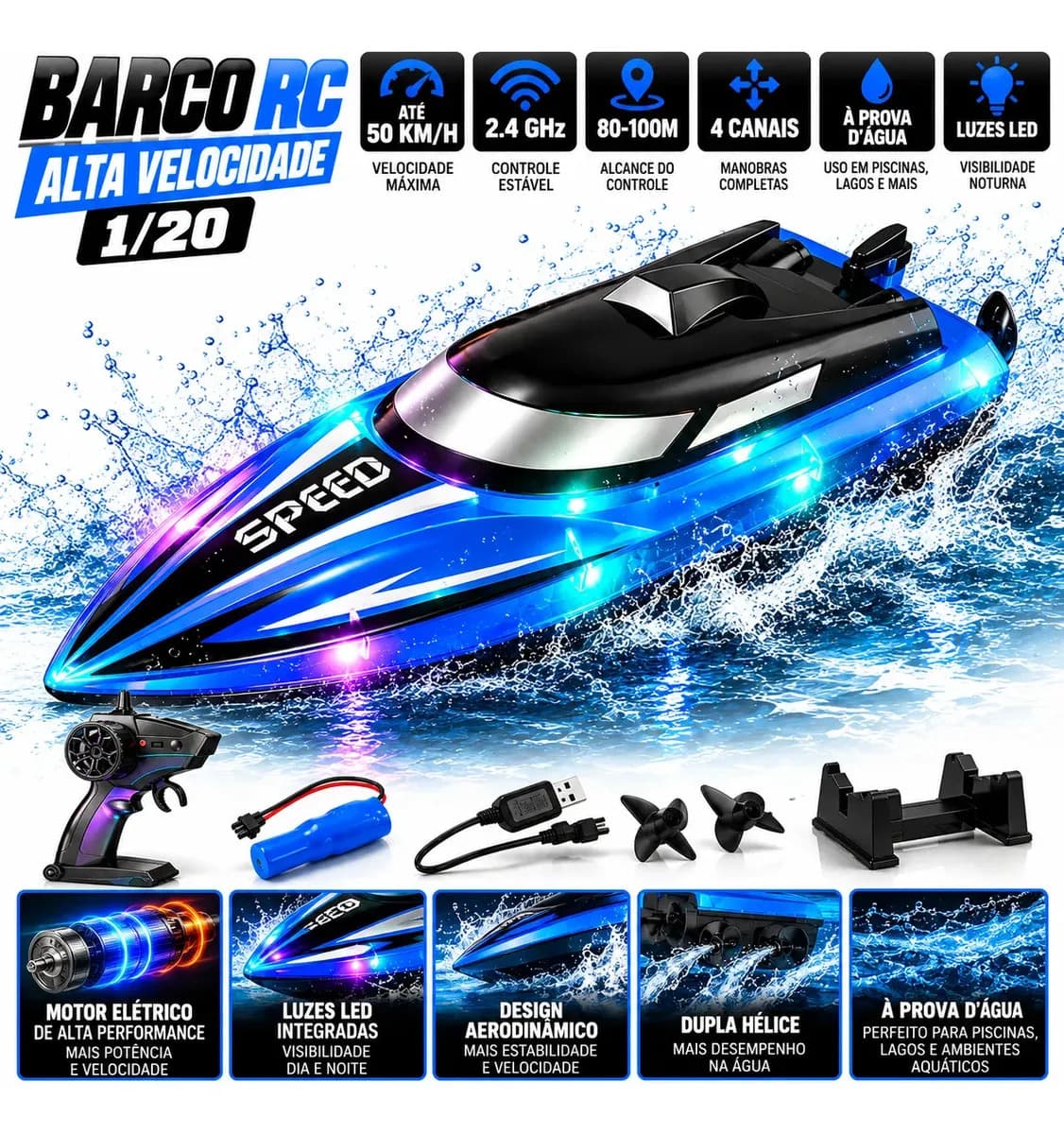 Lancha Barco de Controle Remoto Recarregável 1/16 Hélice Dupla Alcance de 100m Azul HK9 — imagem 2