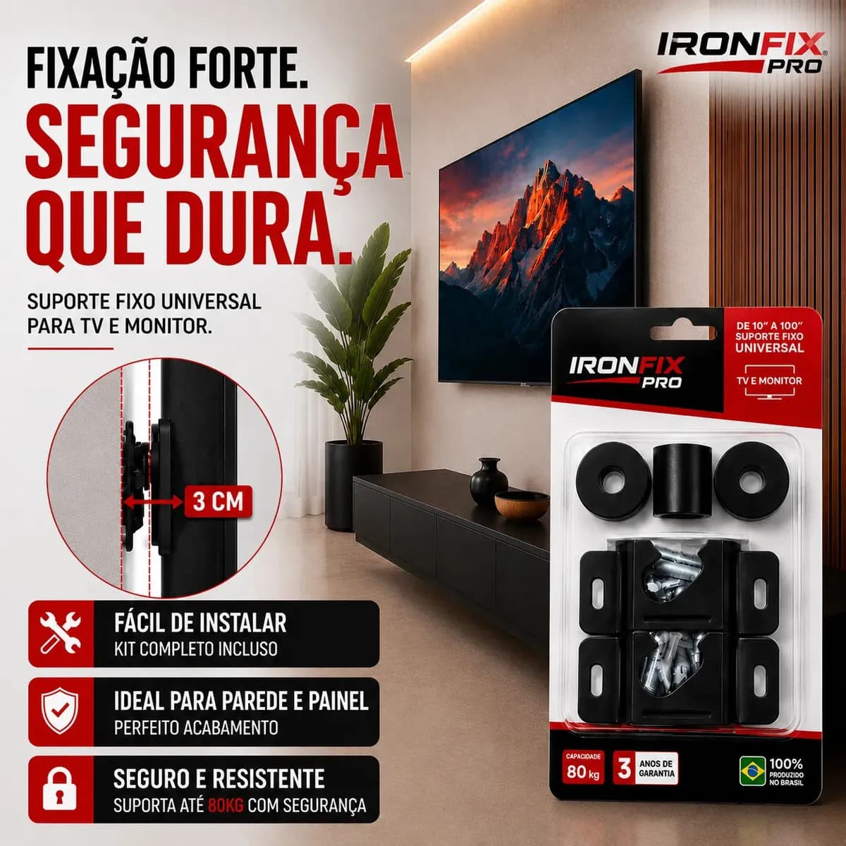 Suporte Tv Fixo Universal IRONFIX PRO Parede Painel Teto 10 24 32 43 50 55 60 75 100 Polegadas — imagem 4