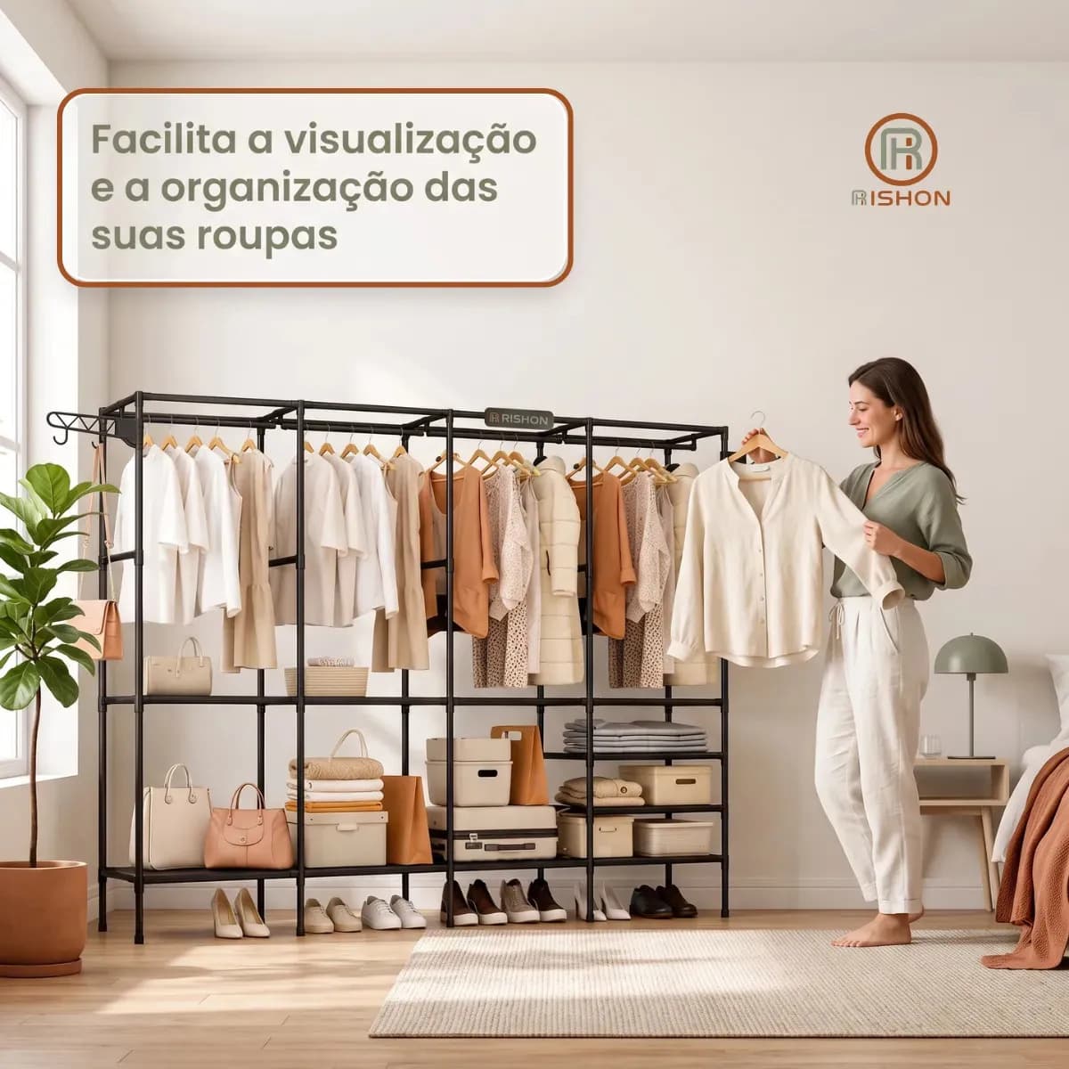 Guarda Roupa Dobravel Closet Aberto Organizador De Roupas Desmontavel E Arara Organizadora 4 Colunas Em Aço Resistente Rishon — imagem 5