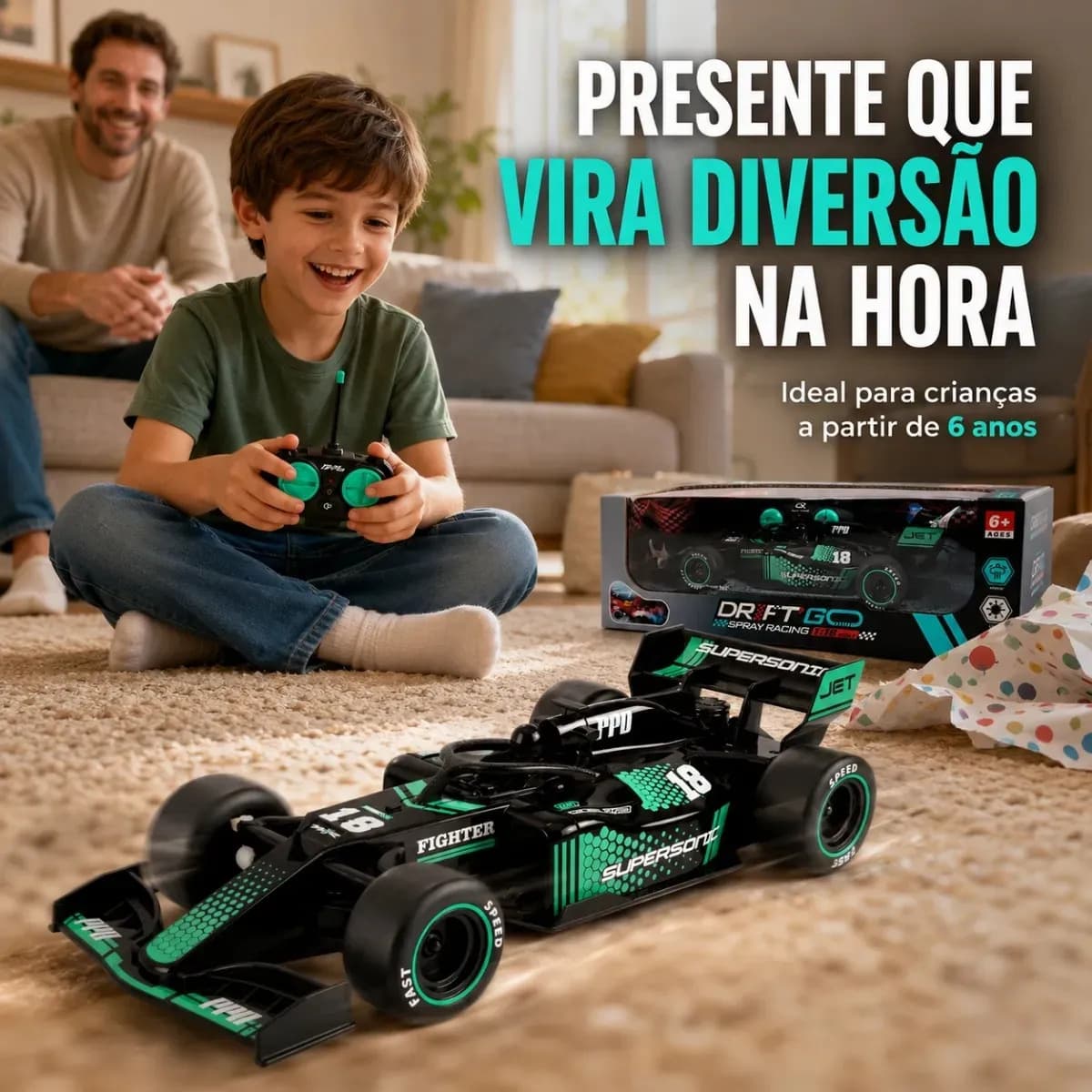 Carrinho de Formula 1 com Controle Remoto Atacarejo Kids Preto Verde Carrinho de Corrida Brinquedo para Menino — imagem 5