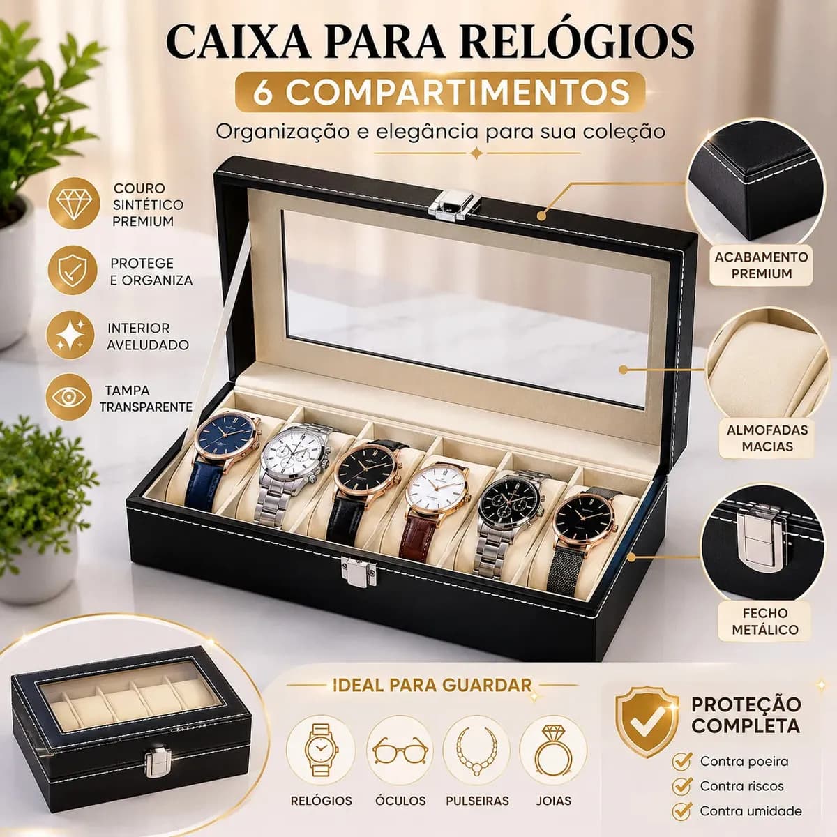 Caixa Porta Relógios 6 Lugares Maleta Com Estojo Organizador Preto — imagem 5