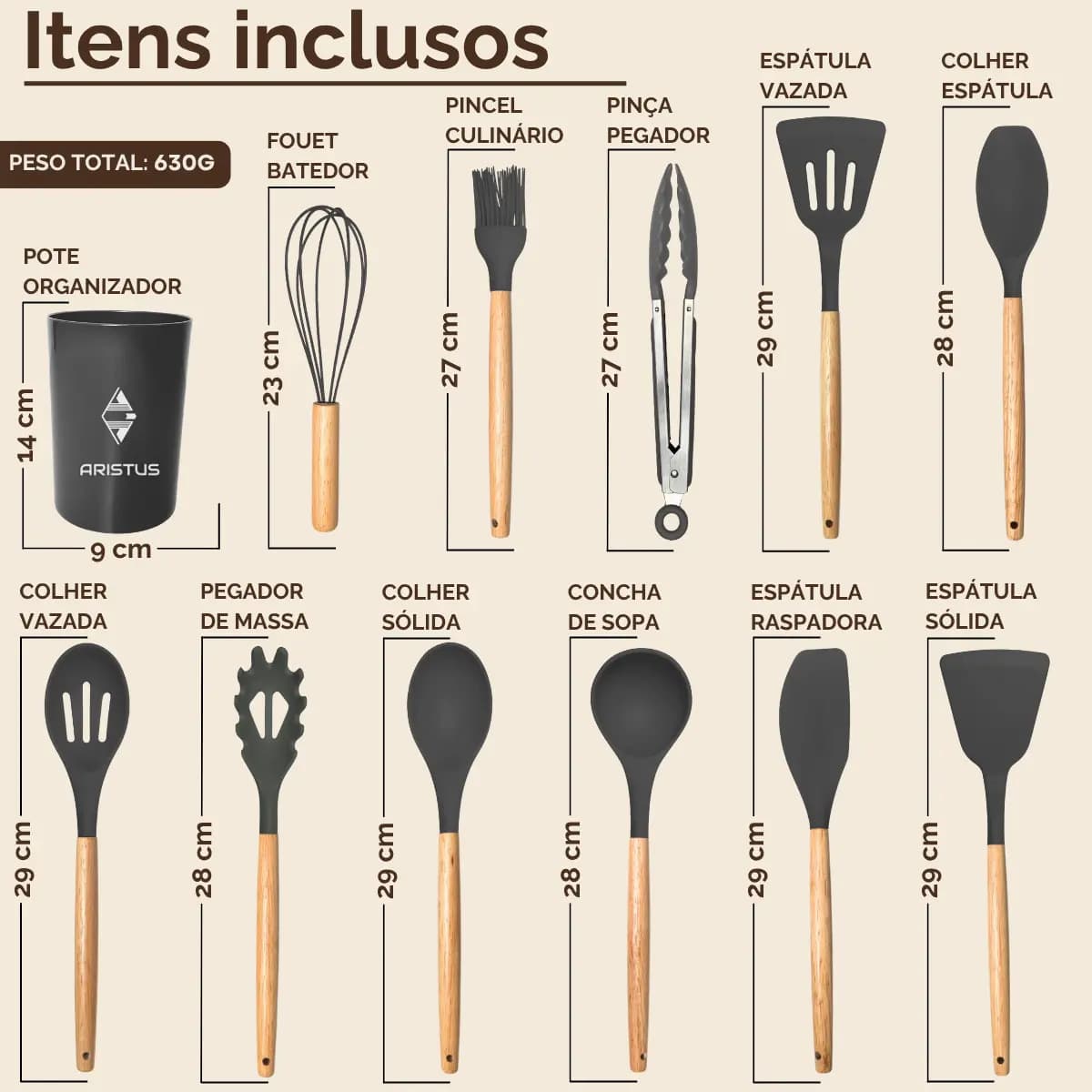 Kit 12 Utensílios De Silicone Com Cabo De Madeira - Marca Aristus Com Alta Resistência, Durável E Com Design Moderno, Perfeito Para Sua Cozinha Cor Cinza — imagem 4
