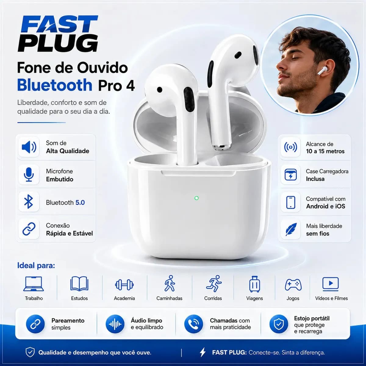 Fone De Ouvido Bluetooth Bateria de Longa Duração Pro 4 Branco Conecta Rápido Fast Plug Com Case Carregador E Microfone — imagem 3