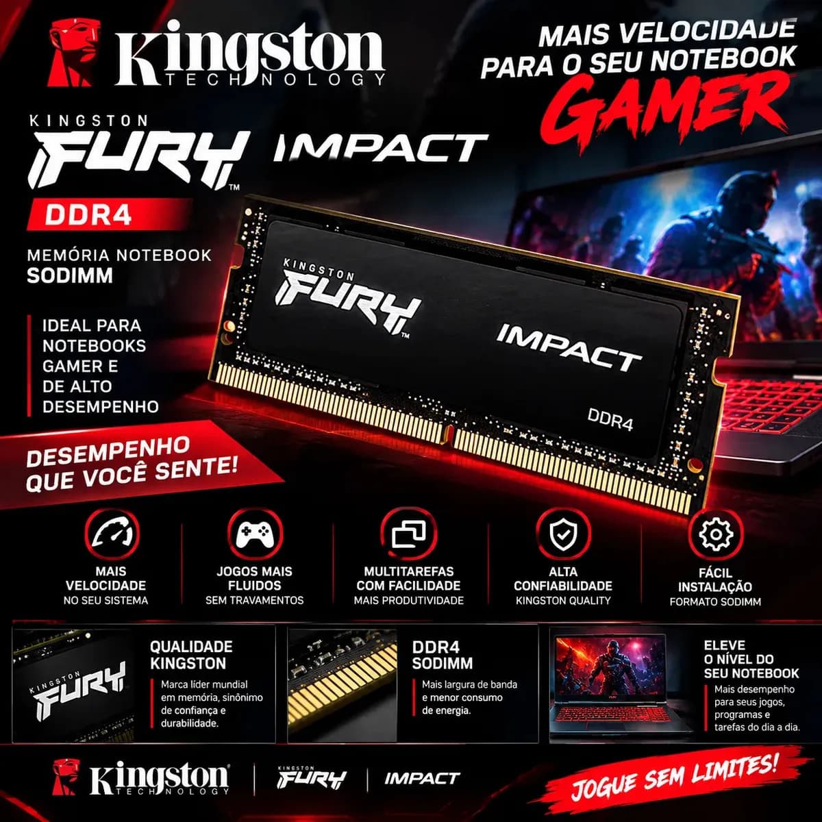 Memória RAM Para Notebook DDR4 8gb 3200Mhz CL20 Kingston Fury Impact KF432S20IB/8 Gamer Sodimm Preto — imagem 4
