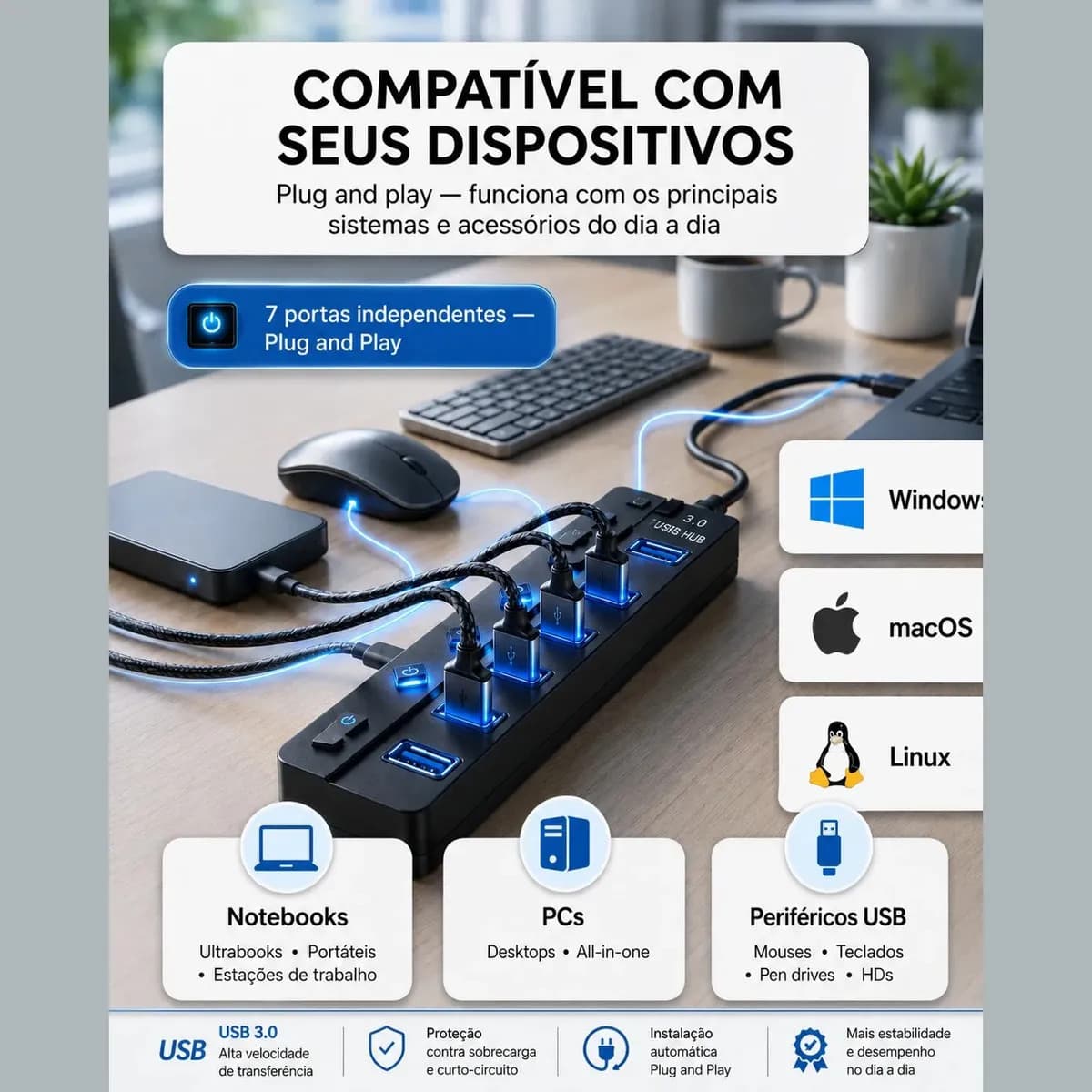 Hub Usb 3.0 7 Portas Entradas Alta Velocidade 5gbps Com Led E Botões Individuais Plug And Play Compatível Com Notebook Pc Tv Console Impressora Mouse E Teclado  — imagem 4