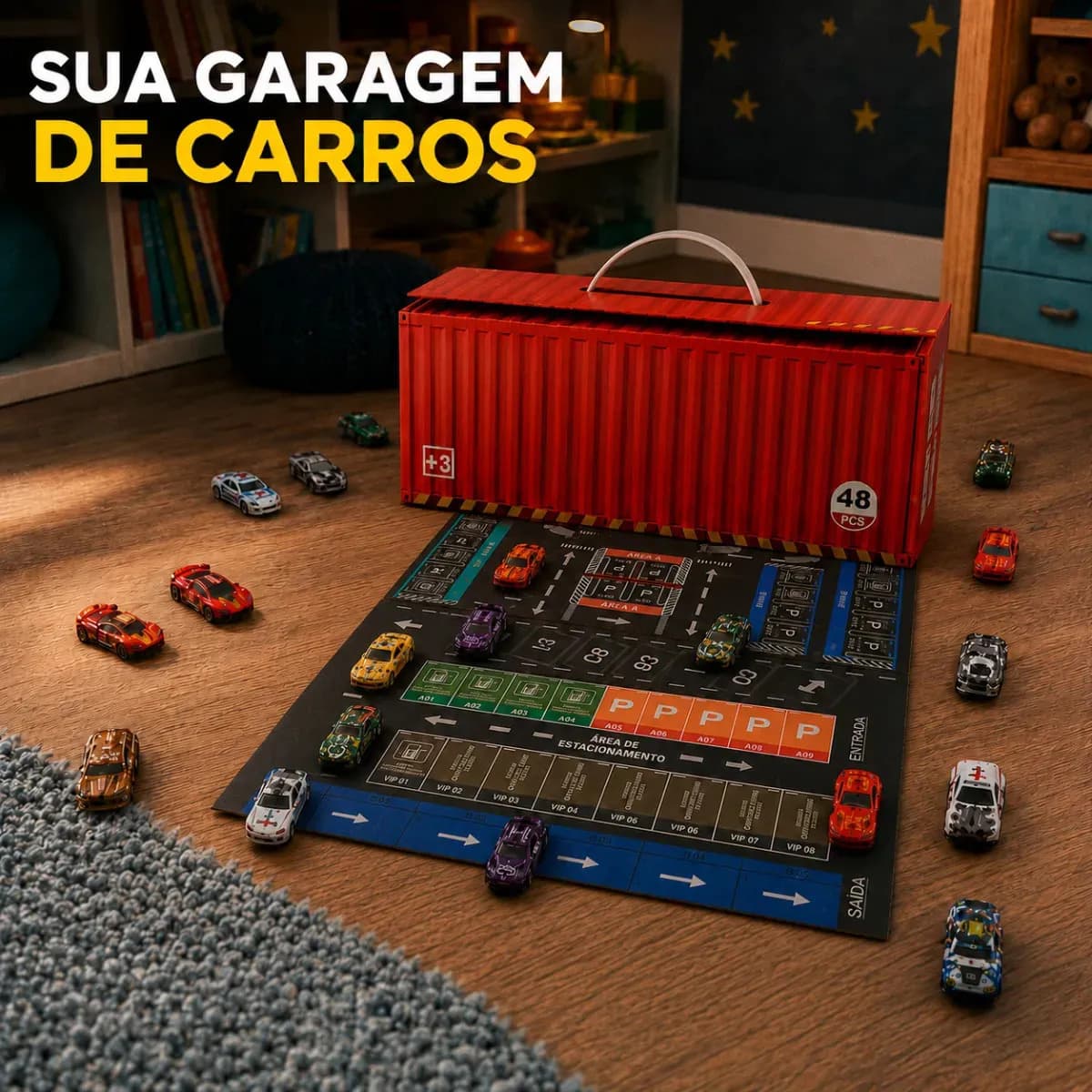 Kit 48 Super Carrinhos Infantil Com Garagem, Container de Carrinhos Tabuleiro De Estacionamento E Embalagem Em Formato de Container — imagem 4