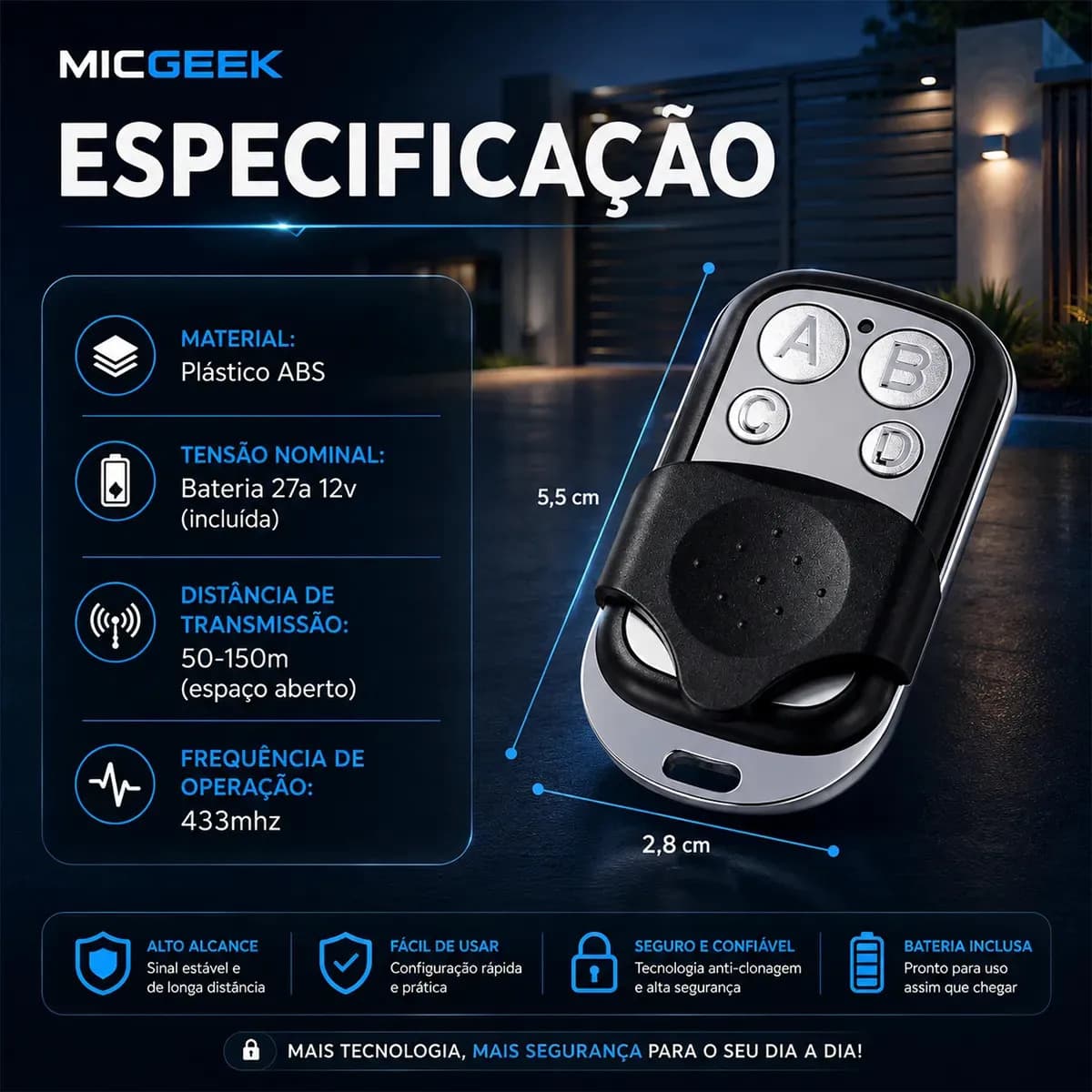 Kit 3 Controle Remoto Universal 4 Botões Para Portão Eletrônico Automatico Alarme Cerca Elétrica 433mhz Micgeek — imagem 5