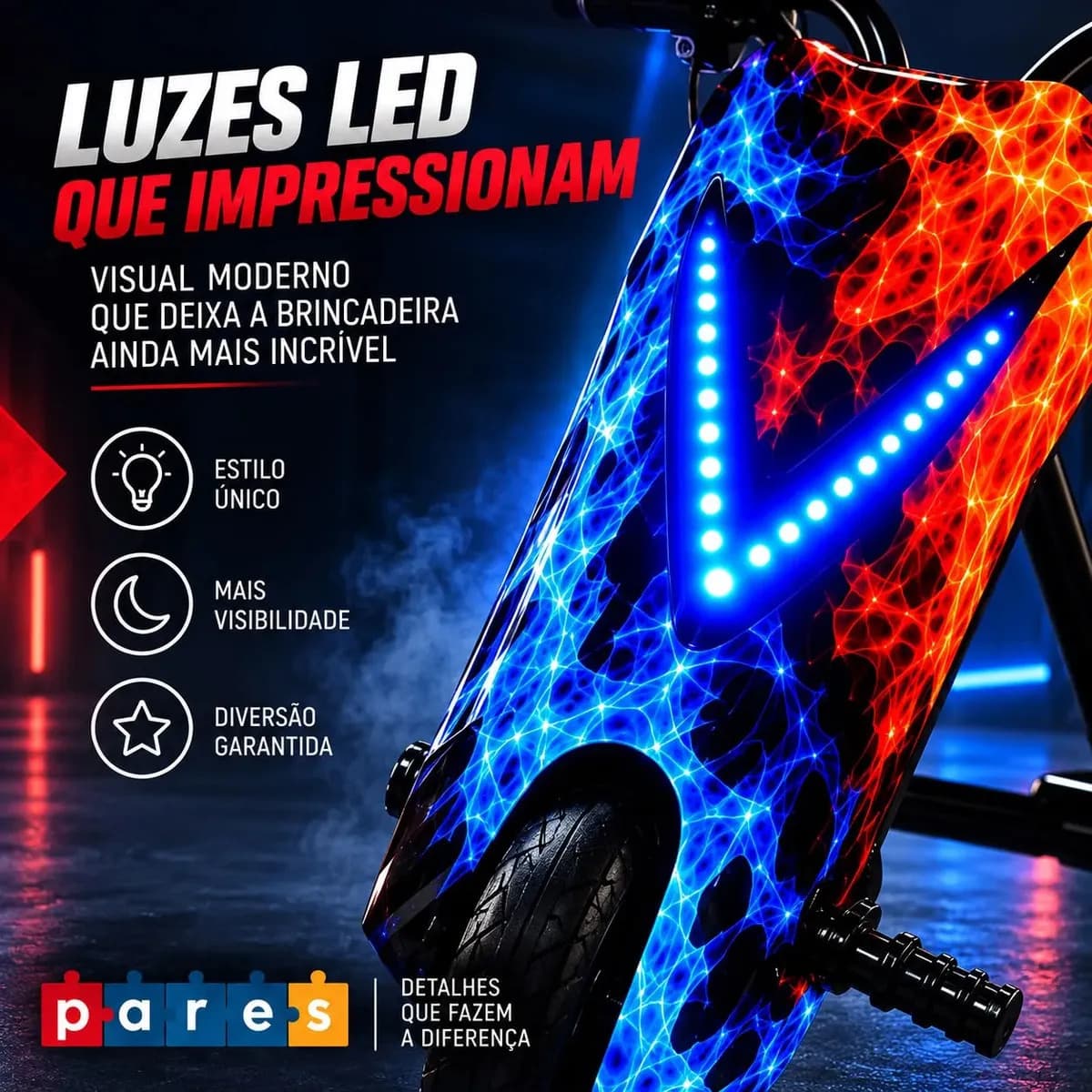 Patinete Elétrico Infantil Triciclo PARES Drift Bluetooth 3 Rodas Vermelho Diversão e Lazer + Kit de segurança — imagem 3
