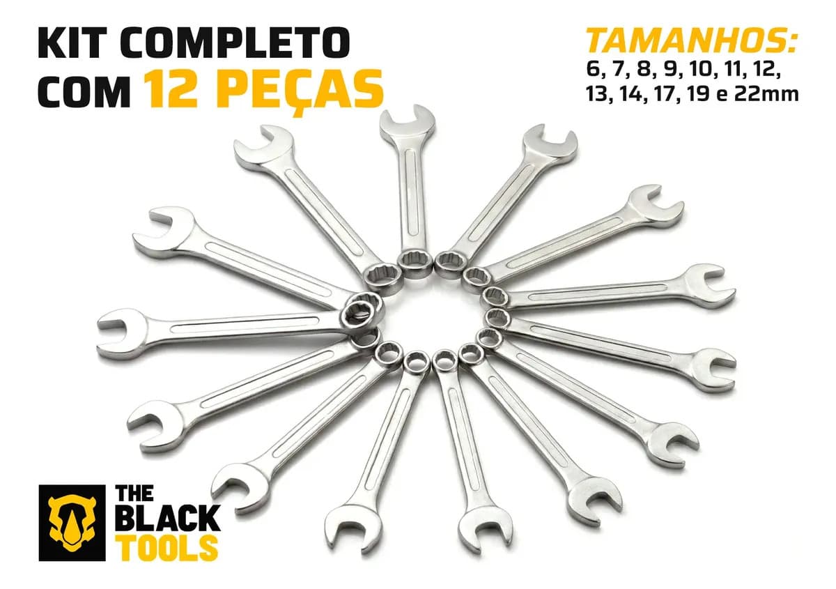 Jogo De Chave Boca E Estrela Combinada 12 Pçs Aço 6-22 Mm Cromada Profissional Tkch12 The Black Tools — imagem 3