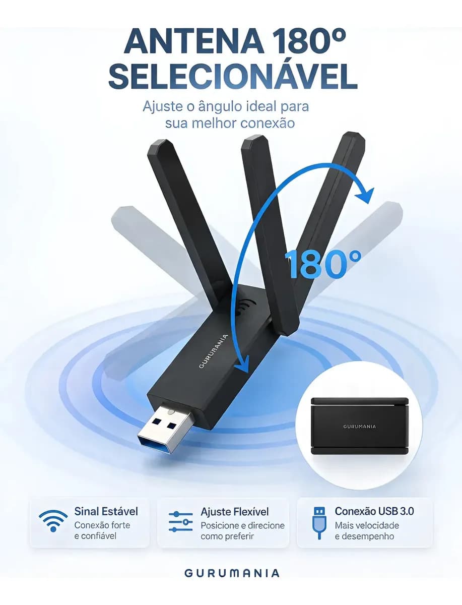 Adaptador Wifi Usb 3.0 Placa De Rede Para Computador Pc Notebook Dual Band 1300Mbps Gigabit 2 Antenas - Gurumania — imagem 4