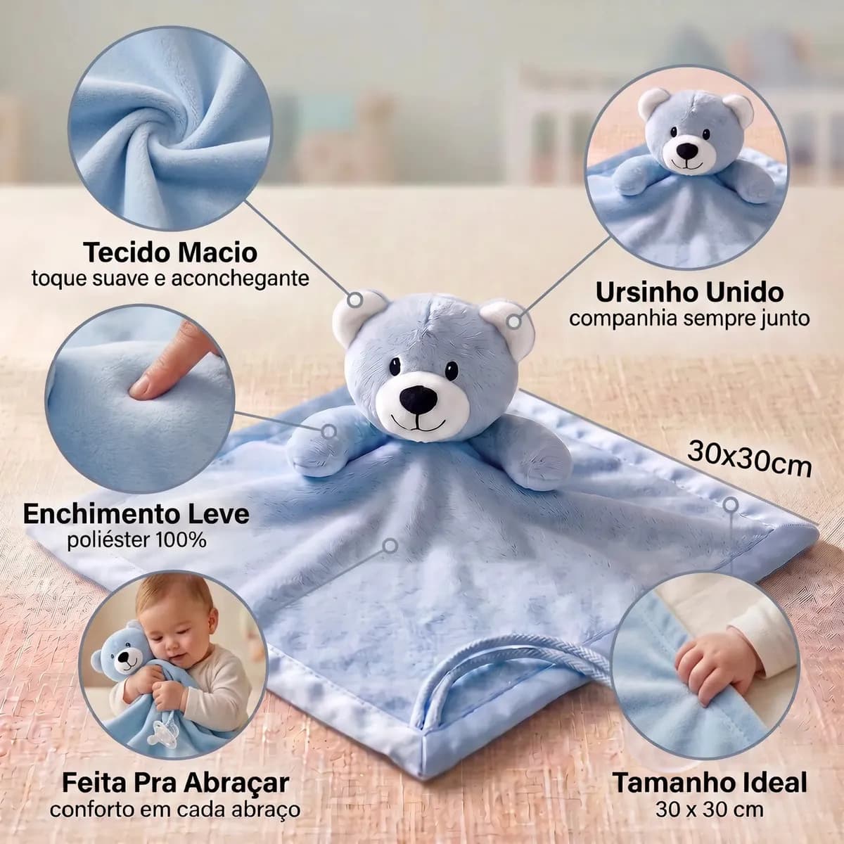 Naninha Ursinho Algodão Doce Bebê Antialérgica Azul Recém-Nascido 0 a 24 Meses Textura Macia Lavável na Máquina Adequada para Secadora 30x35cm Kit com 1 Peça Pr — imagem 3