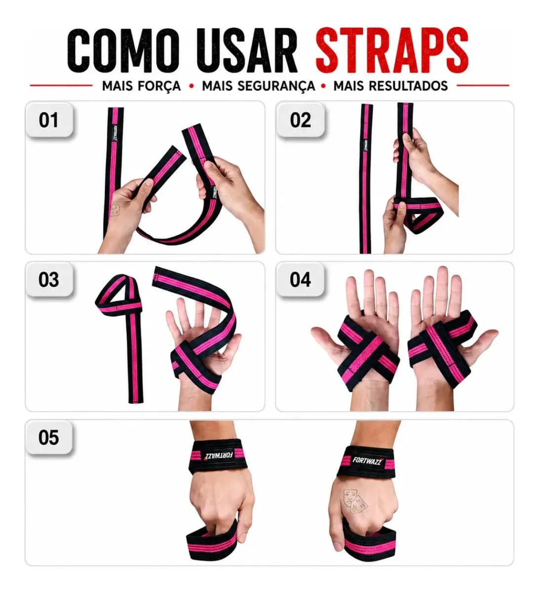 Tala Strap Musculação 100% Algodão Crossfit Cor Tala Strap Preto/rosa Fortwazz ZZ50 — imagem 5