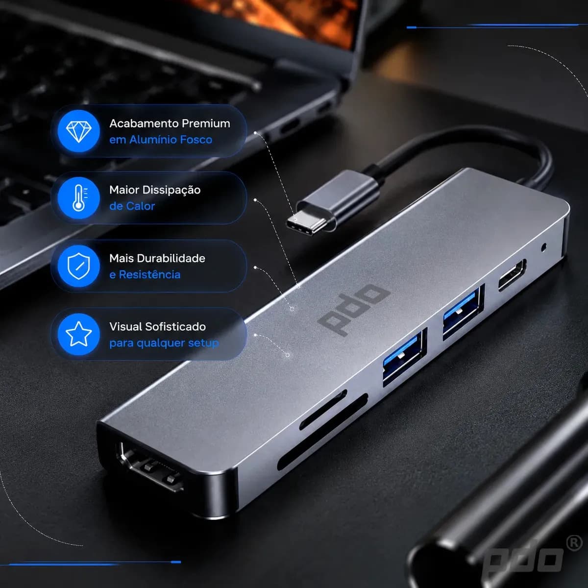 Hub USB-C 6 em 1 PDO com HDMI 4K e 3 Portas USB para Notebook, MacBook e iPad — imagem 2