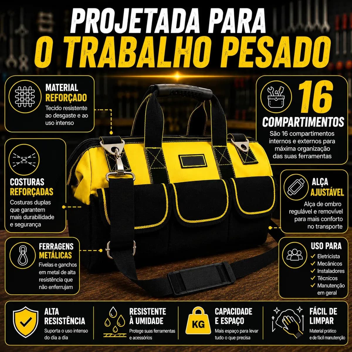 Bolsa Maleta Ferramentas 16 Bolsos 1 unidade Reforçada Impermeável Eletricista Mecânico Encanador Pedreiro Organizador Mala Fundo Rígido Profissional Meow — imagem 2