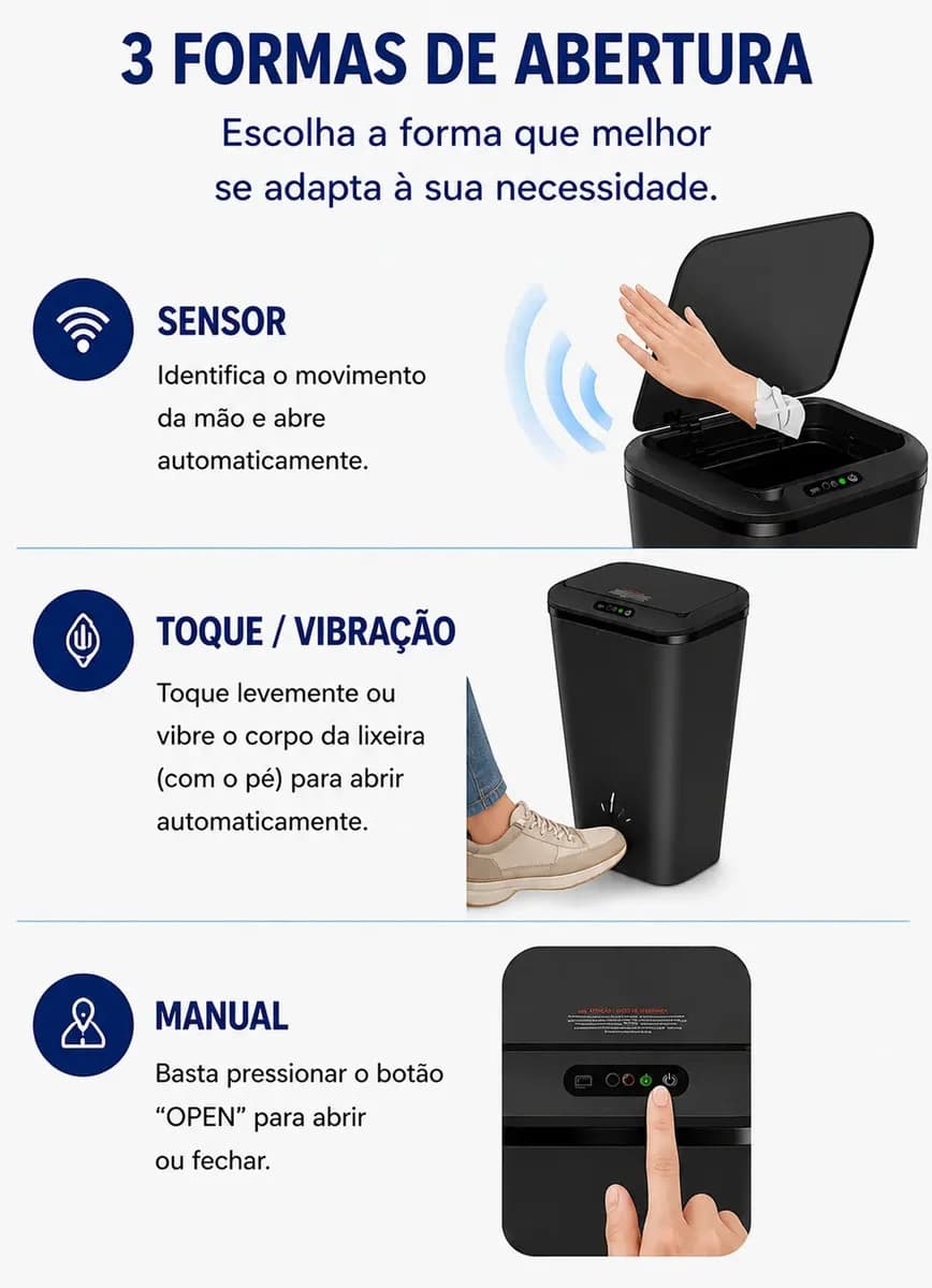 Lixeira Quadrada Preta 16L Inteligente Automática com Sensor para Banheiro e Cozinha — imagem 2
