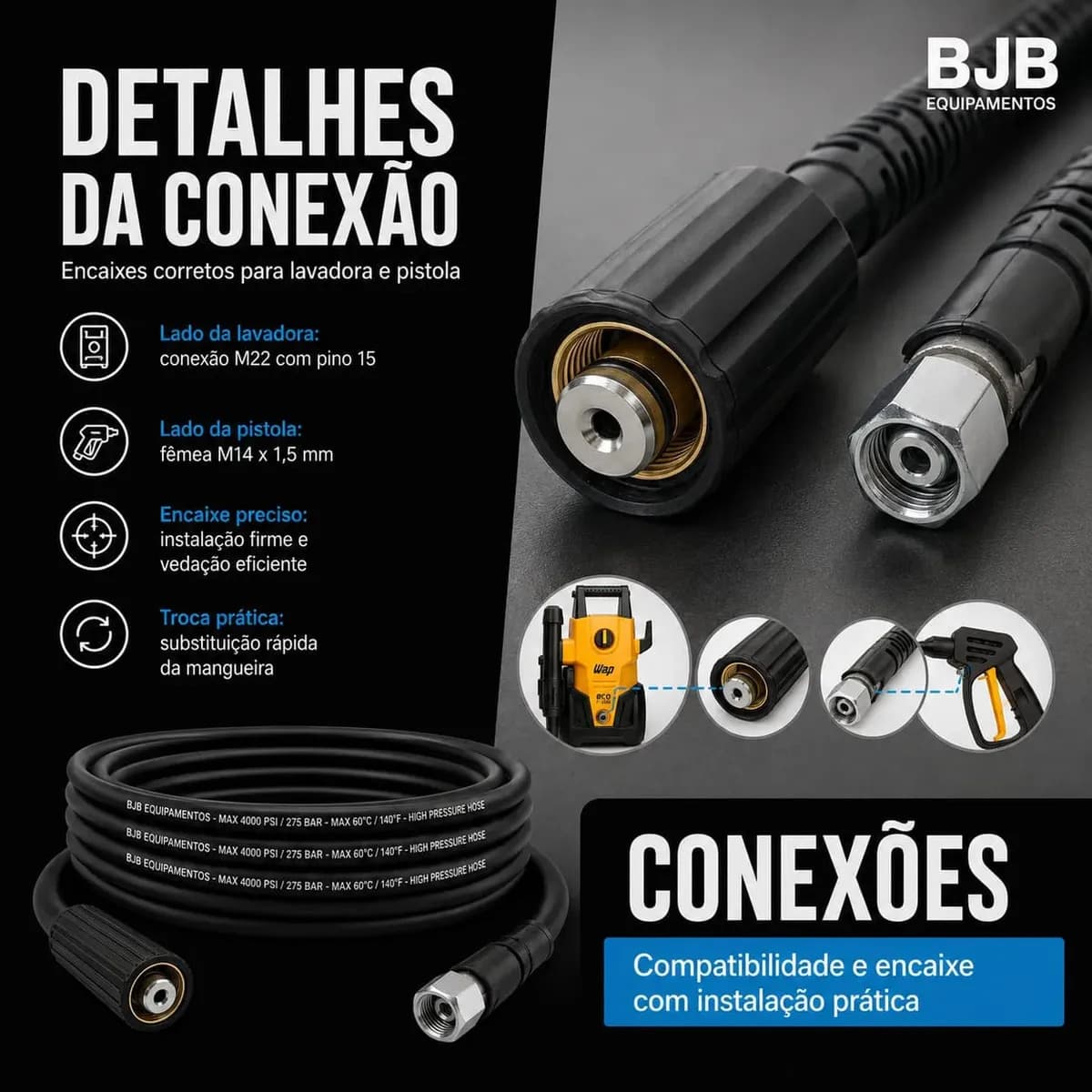 Mangueira Lavadora Alta Pressão Compativel com Wap Ousada Plus 2200, Atacama Black 2200, Tekna HLX110 com 5 metros — imagem 3