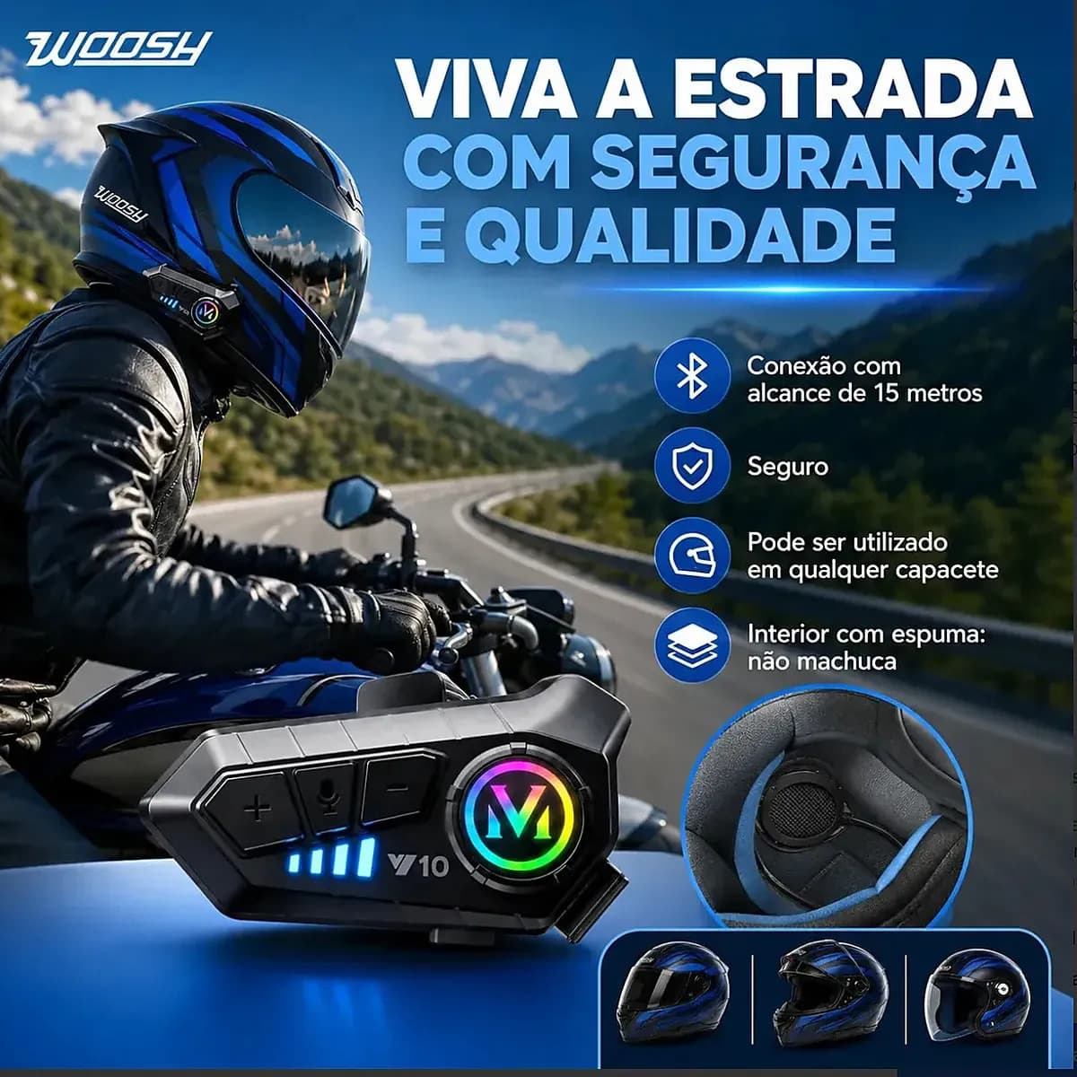 Fone De Ouvido Para Capacete Moto Bluetooth Motoboy Headset Rgb Sem Fio Comunicador Woosh — imagem 3