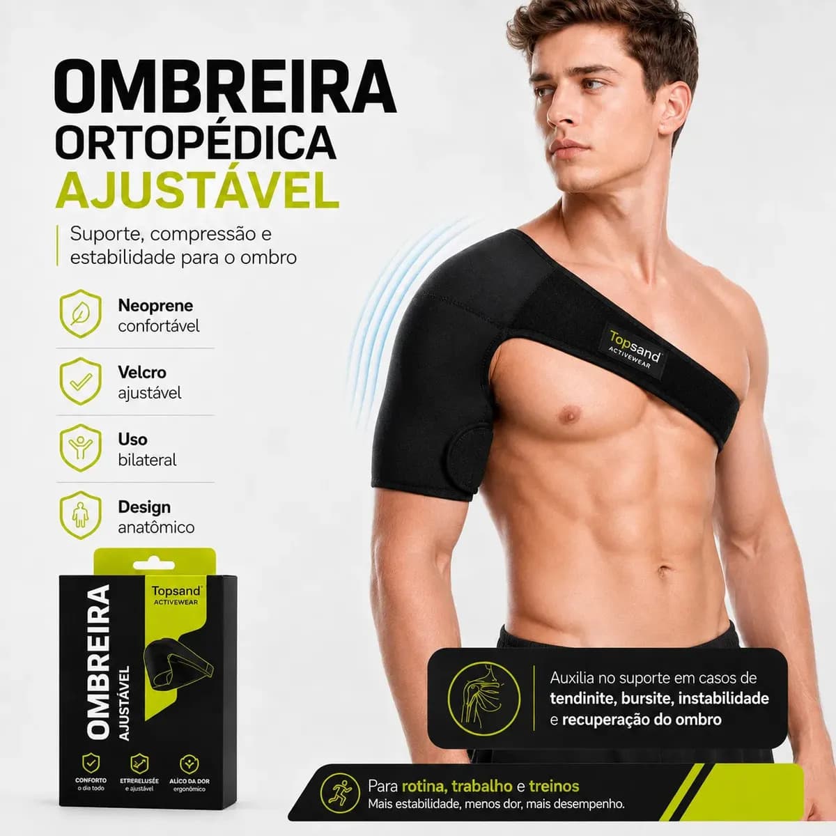 Ombreira Ortopédica Neoprene Suporte Ombro Ajustável Estabilizador Dor Tendinite Bursite Lesão Fisioterapia Reabilitação Esportes Musculação Academia Treino Dir