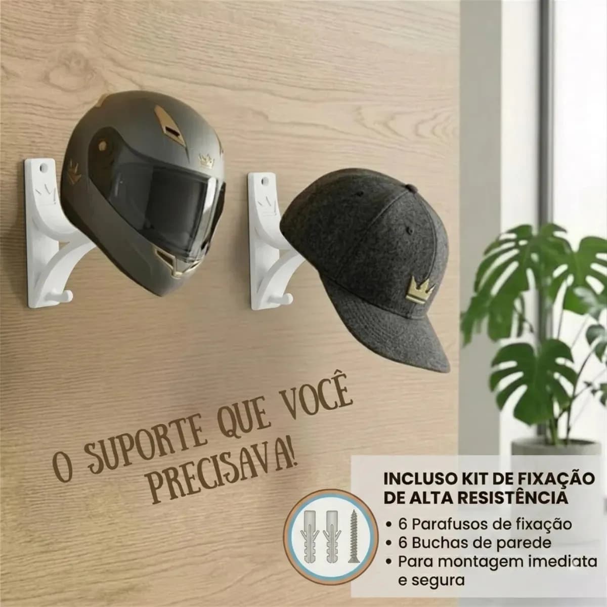 Kit 3 Suporte De Capacete Parede Kingbr Branco Com Gancho Porta Chaves Organizador Acompanha Parafusos E Buchas Para Capacete De Moto Bike Motocross E Skate — imagem 6