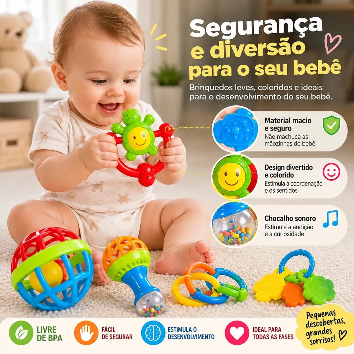 Kit Chocalhos e Mordedores Sensoriais para Bebê com 8 Peças de Silicone e Plástico — imagem 3
