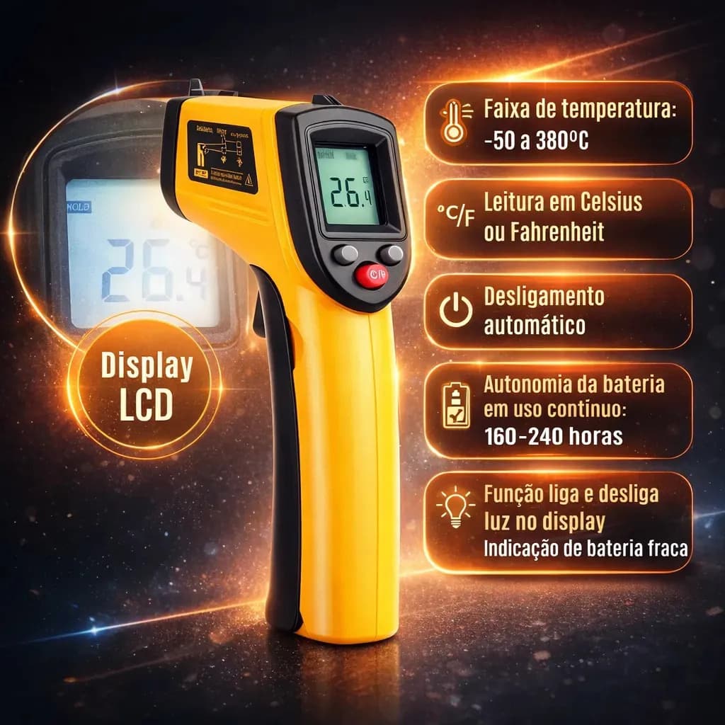 Termômetro Infravermelho Brasiliana Tech Digital Para Culinária E Industrial Até 400°C Laser Cozinha Churrasco Fritura Forno Visor LCD — imagem 3