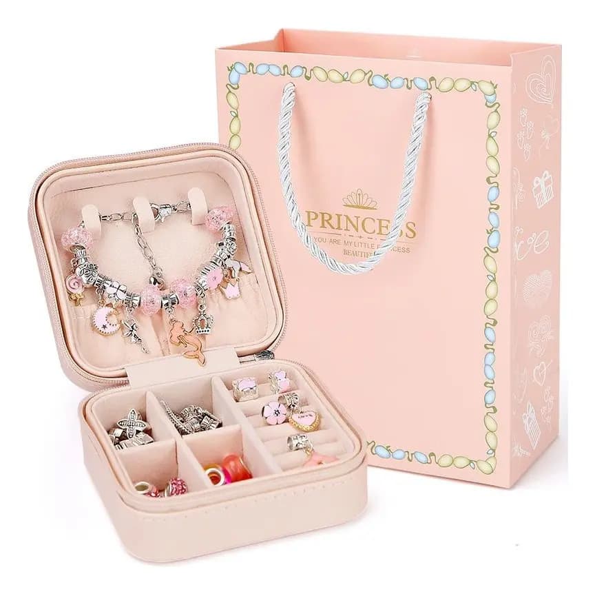 Kit Pulseira Linda Diy Com Porta De Joias P/menina Presente - Rosa