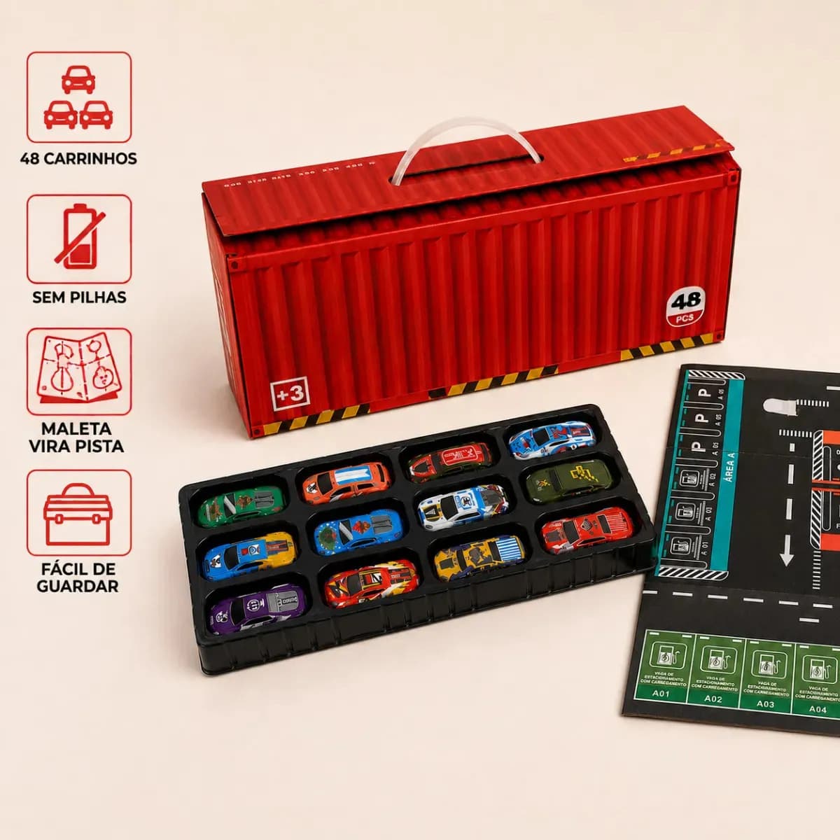 Kit 48 Super Carrinhos Infantil Com Garagem, Container de Carrinhos Tabuleiro De Estacionamento E Embalagem Em Formato de Container — imagem 3
