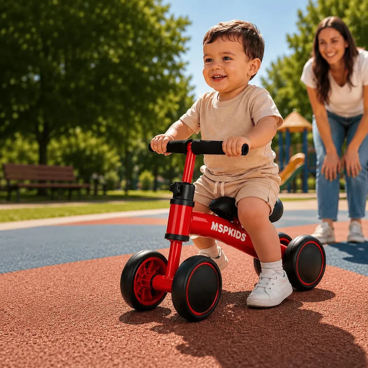 Bicicleta Bebê 4 Rodas Sem Pedal MSP Kids Vermelha, Bicicleta de Equilíbrio Infantil com 4 Rodas Largas, Estrutura em Aço Carbono, Manoplas Antiderrapantes e Gu