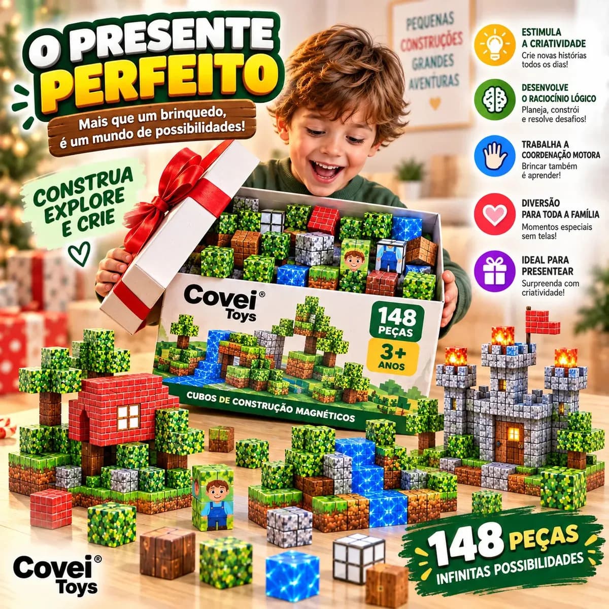 Kit 148 Blocos Imã Magnéticos Construção Montar Empilhamento Cubo Infantil Brinquedo Educativo Covei Toys — imagem 5