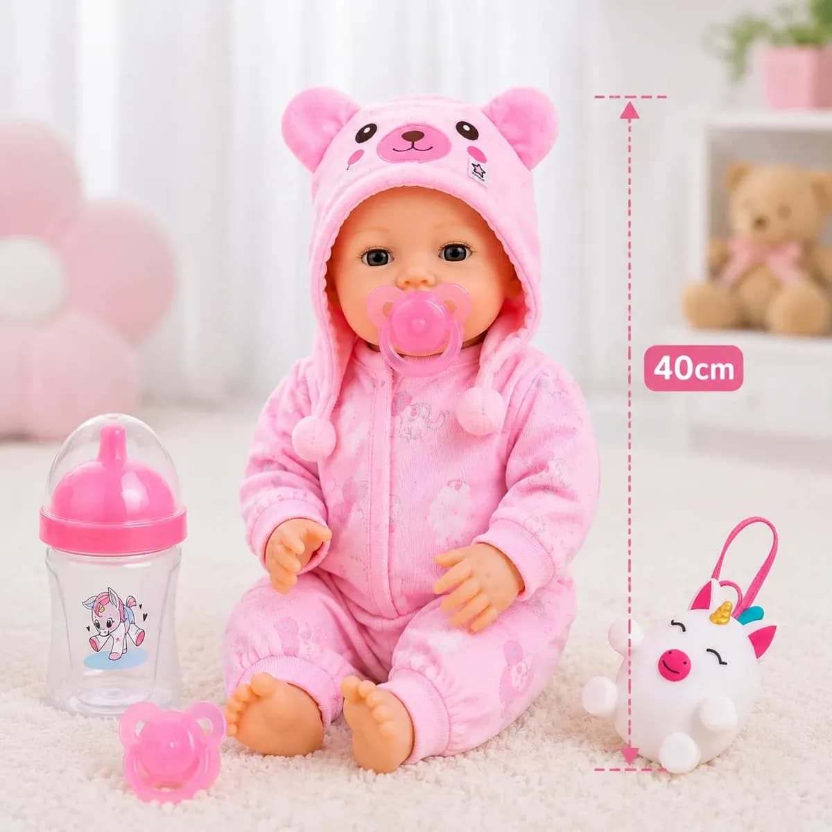 Boneca De Pijama New Born Brincando De Pijama Menina Abre E Fecha O Olho Com Acessórios 40CM — imagem 6