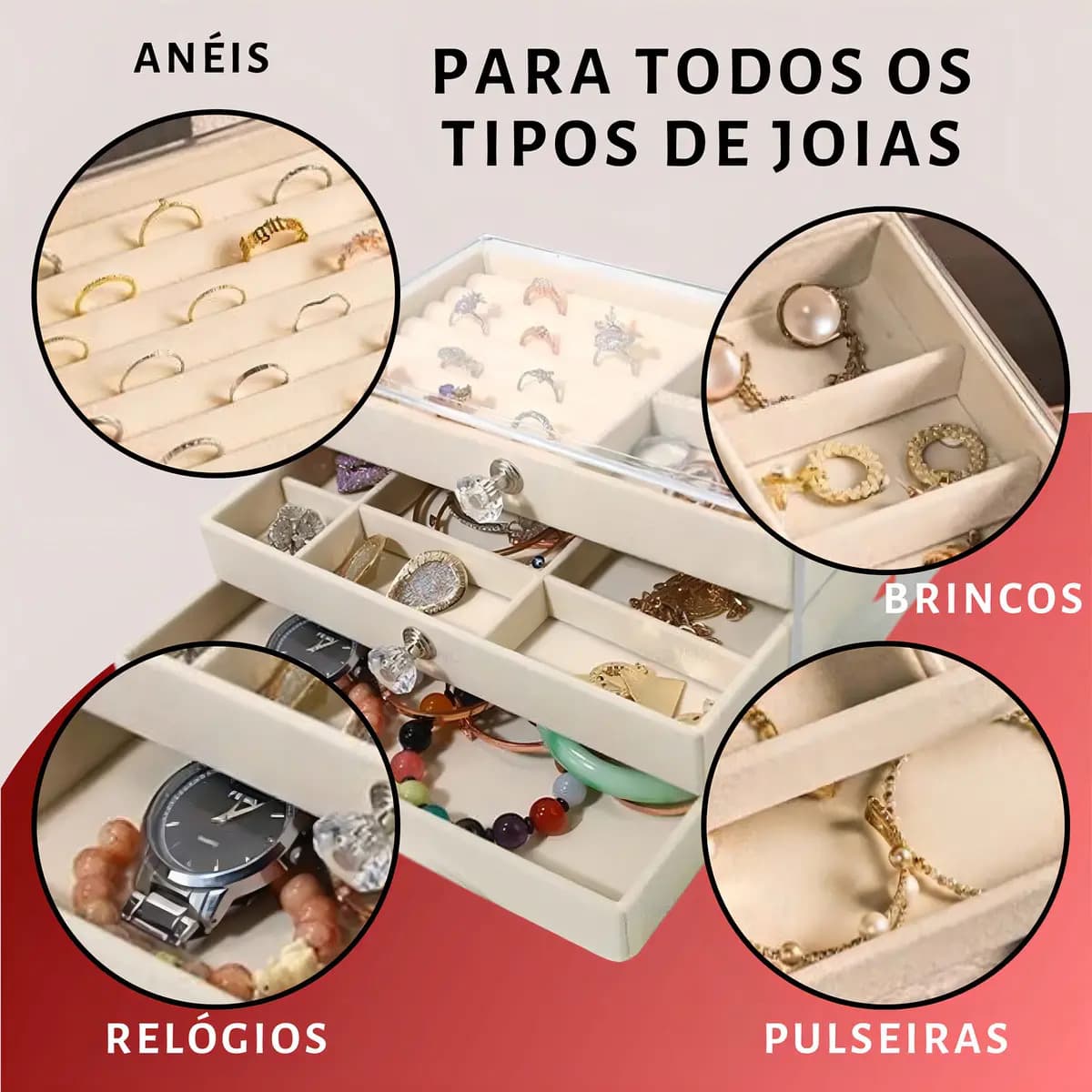 Organizador de Joias Acrílico 3 Gavetas 10 Compartimentos Bege FM FARMEL — imagem 3
