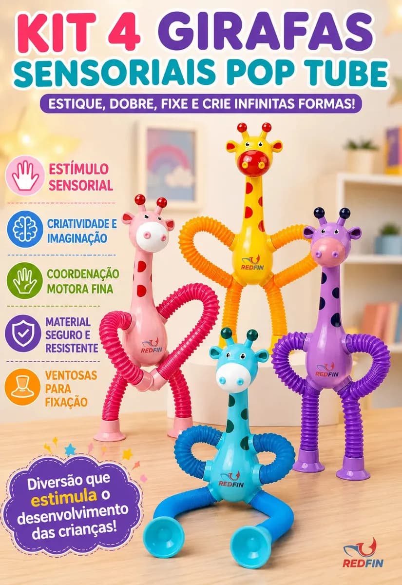 Kit 4 Girafas Sensoriais Anti Stress Pop Tube Brinquedo Sensorial Infantil Flexível Com Ventosa Alívio Estresse Ansiedade Autismo TDAH Montessori Meninos Menina — imagem 2