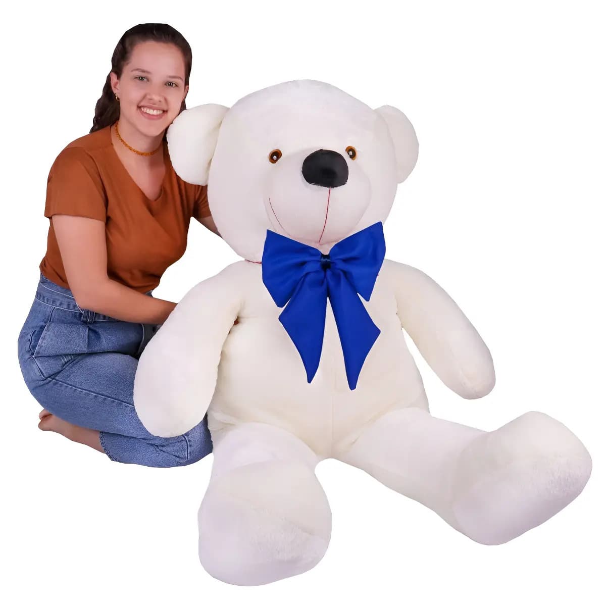 Urso De Pelúcia Gigante Teddy 90cm Grande - Laço Azul Cor Baunilha Laço Azul — imagem 2