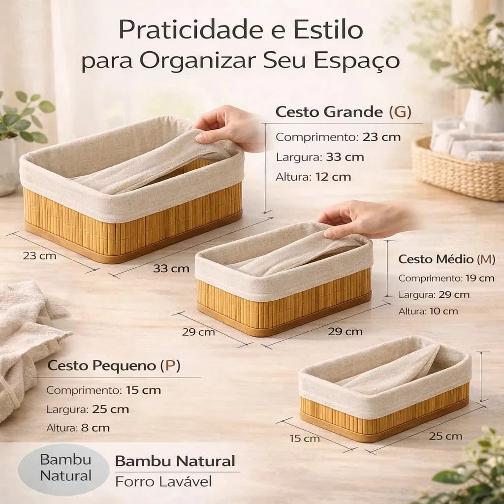 Kit 3 Cestos Organizadores de Bambu Retangulares com Forro Lavável Multiuso Organizar Casa Banheiro Cozinha Guarda-Roupa Lavanderia Armazenamento de Objetos - N — imagem 4