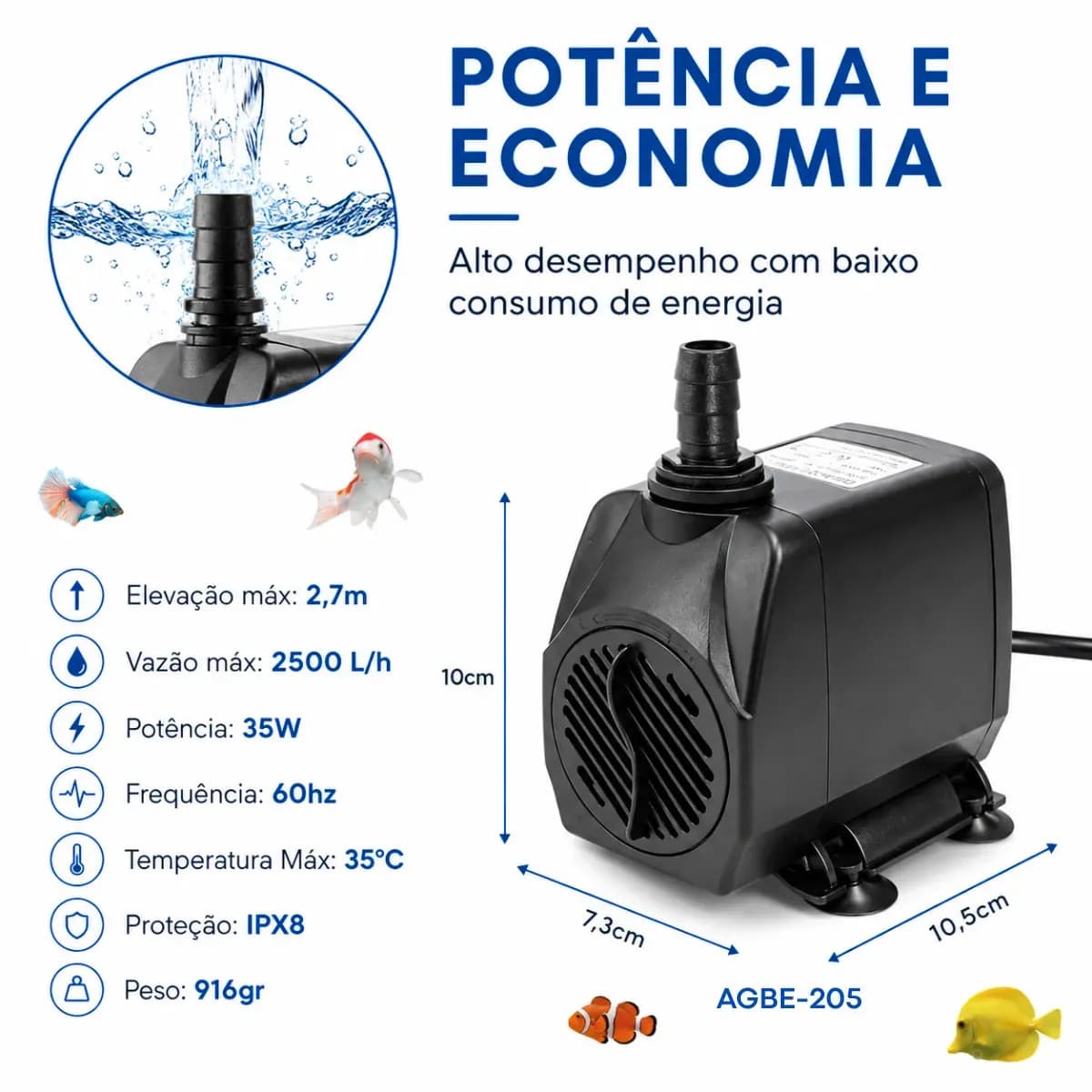 Bomba Submersa 2500 L/h Bombinha 2,7m Lagos Recalque Fontes Aquários Cascata Chafariz Motor Água Doce Salgada Marinho Fonte Hidroponia Aquaponia — imagem 3