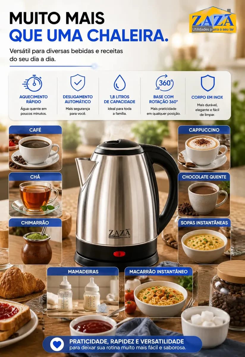 Chaleira Jarra Elétrica 1,8L Litros Em Inox Desligamento Automático Aquecimento Rápido Segura Café Chá Fácil Abertura Tampa Alça Ergométrica — imagem 5
